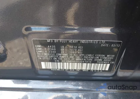 2013 Subaru Legacy 2.5I из США, поврежденный, VIN 4S3BMBA60D3041910